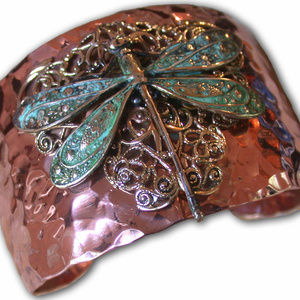 Handforged Copper Dragonfly Graduated Cuff, Patina
